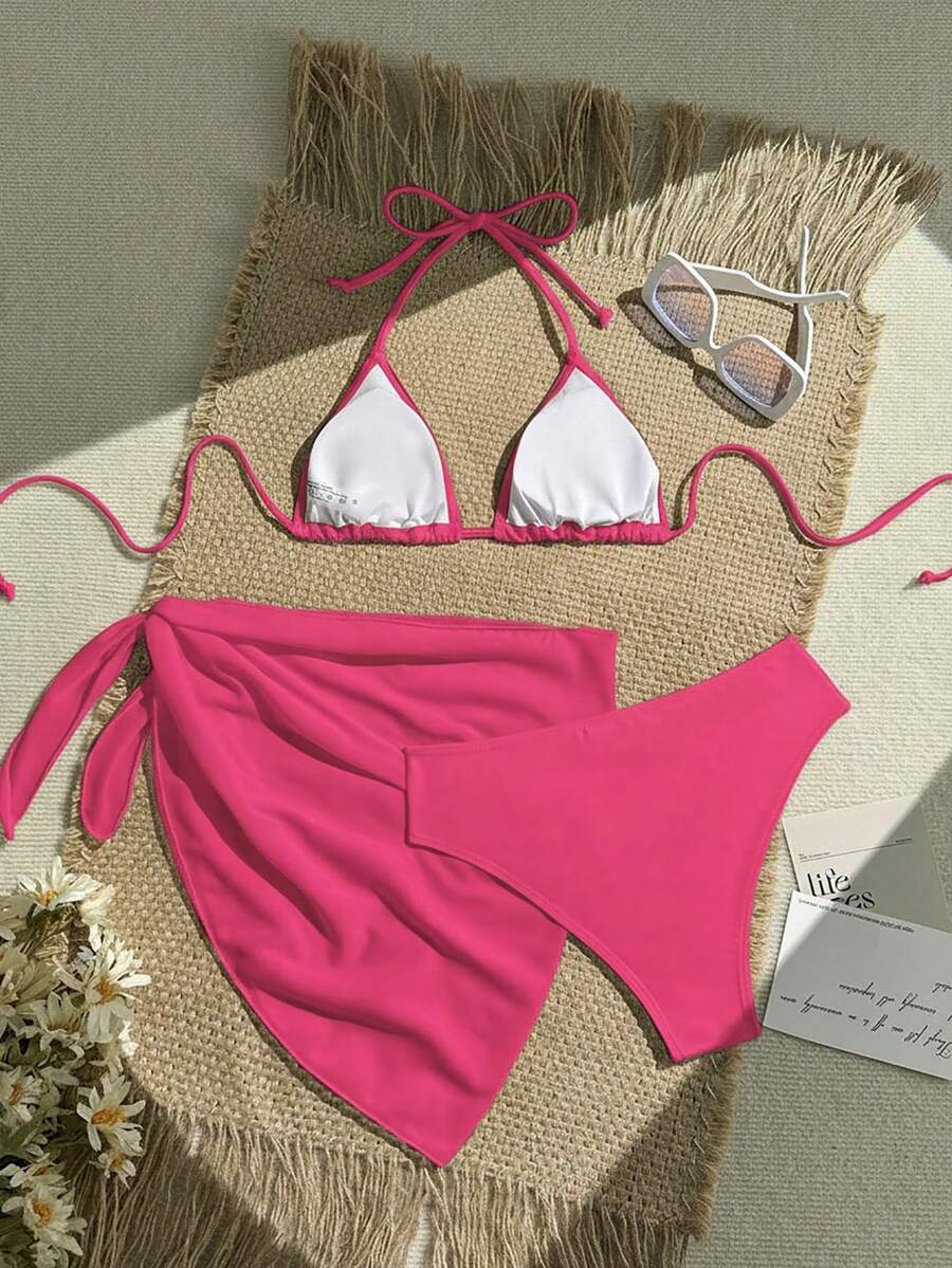 Women's 3-Piece Solid Halter Bikini Set - Knot Detail, Skirt Cover-Up, Triangle Cup, Red