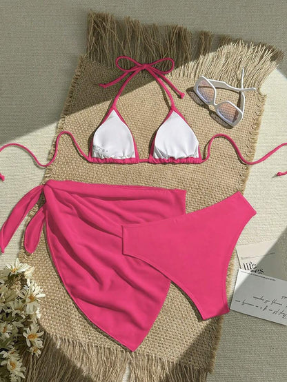 Women's 3-Piece Solid Halter Bikini Set - Knot Detail, Skirt Cover-Up, Triangle Cup, Red