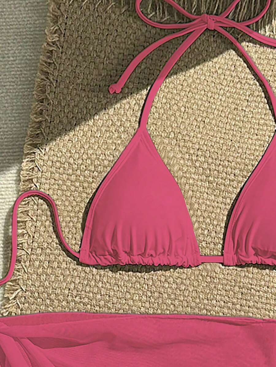 Women's 3-Piece Solid Halter Bikini Set - Knot Detail, Skirt Cover-Up, Triangle Cup, Red