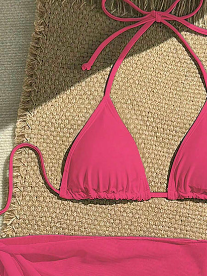 Women's 3-Piece Solid Halter Bikini Set - Knot Detail, Skirt Cover-Up, Triangle Cup, Red