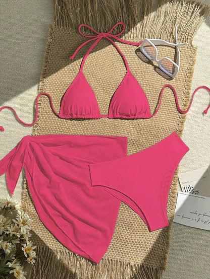 Women's 3-Piece Solid Halter Bikini Set - Knot Detail, Skirt Cover-Up, Triangle Cup, Red