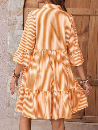 Maternity Striped Smock Dress - Notched Neck, Flounce Sleeve, High Waist, Navy Blue