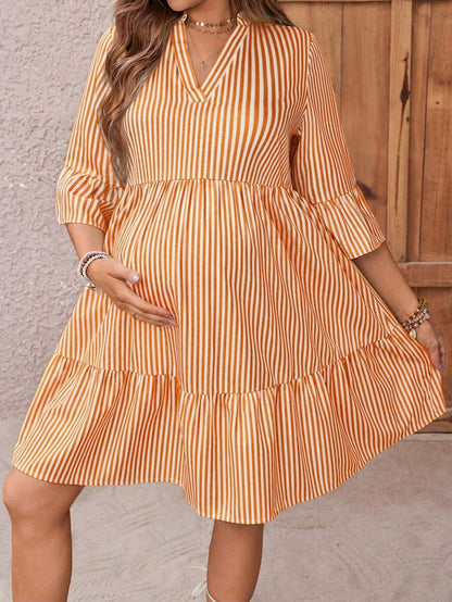 Maternity Striped Smock Dress - Notched Neck, Flounce Sleeve, High Waist, Navy Blue