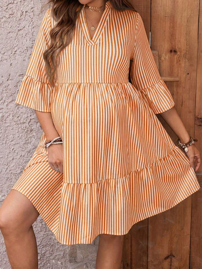 Maternity Striped Smock Dress - Notched Neck, Flounce Sleeve, High Waist, Navy Blue
