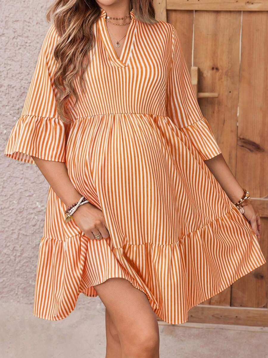 Maternity Striped Smock Dress - Notched Neck, Flounce Sleeve, High Waist, Navy Blue