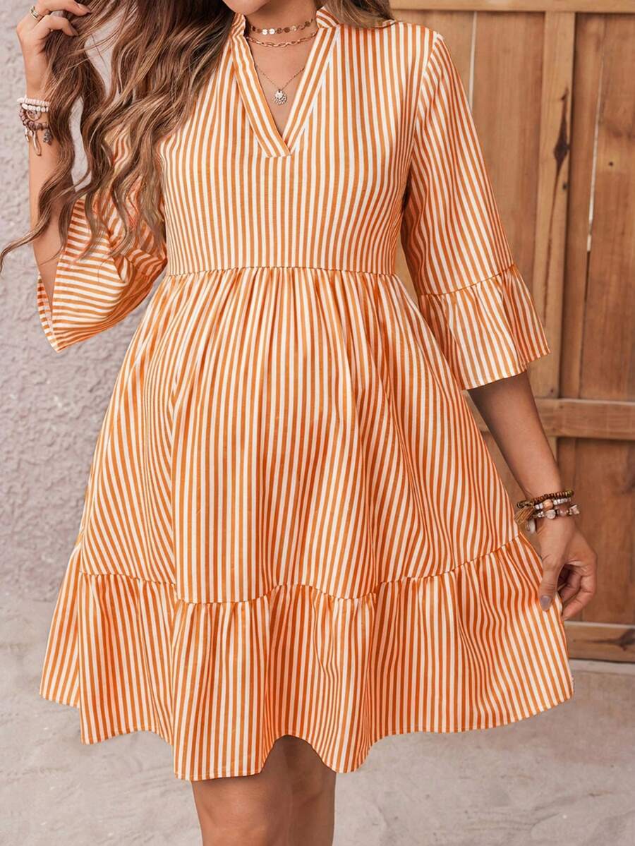 Maternity Striped Smock Dress - Notched Neck, Flounce Sleeve, High Waist, Navy Blue