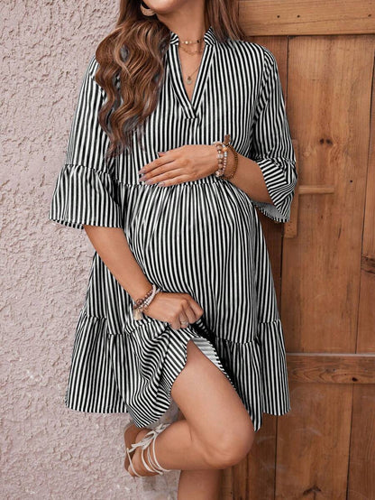 Maternity Striped Smock Dress - Notched Neck, Flounce Sleeve, High Waist, Navy Blue