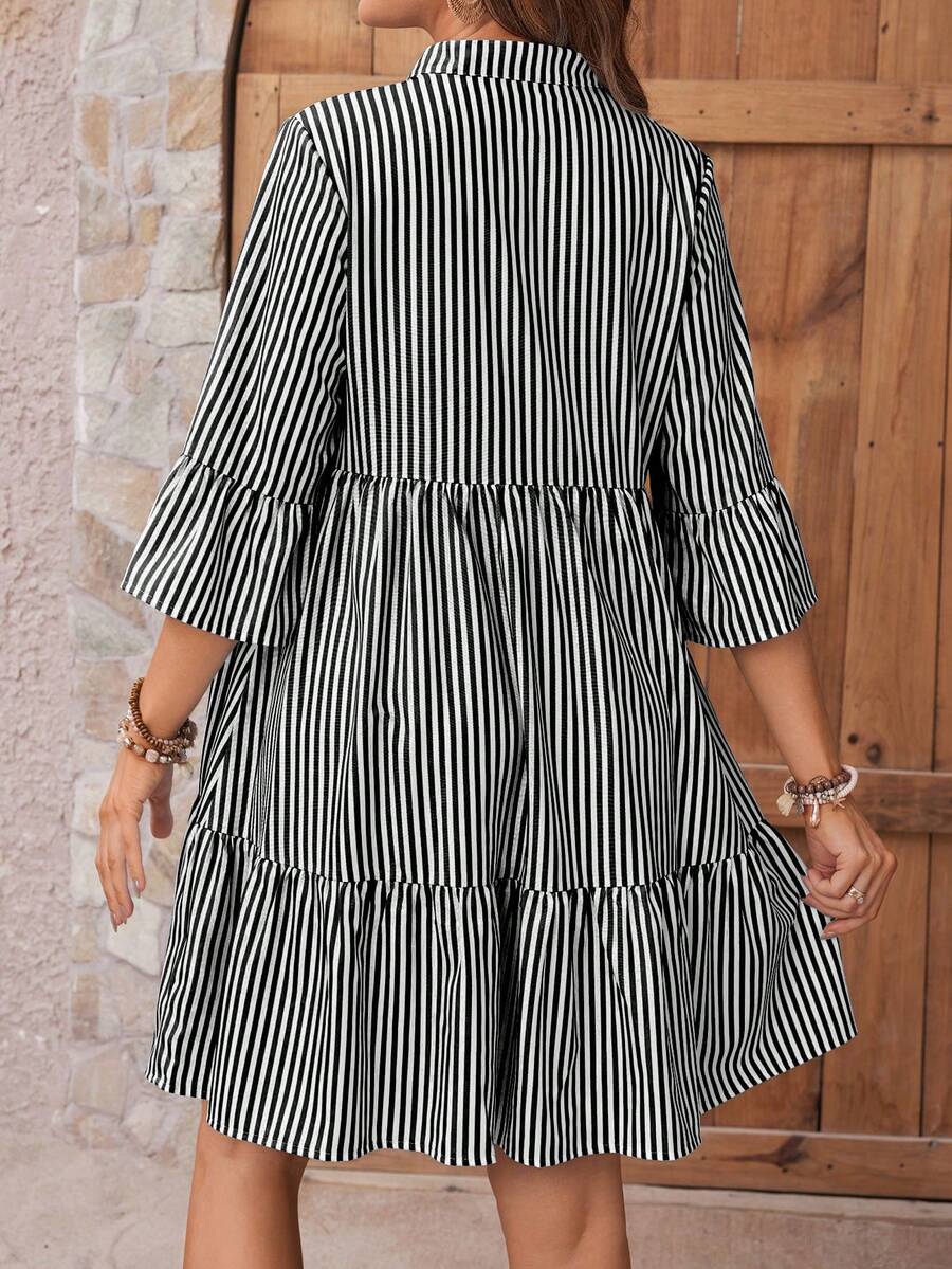 Maternity Striped Smock Dress - Notched Neck, Flounce Sleeve, High Waist, Navy Blue