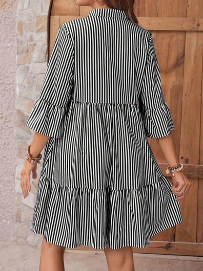 Maternity Striped Smock Dress - Notched Neck, Flounce Sleeve, High Waist, Navy Blue