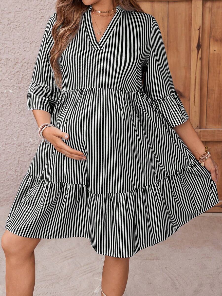 Maternity Striped Smock Dress - Notched Neck, Flounce Sleeve, High Waist, Navy Blue