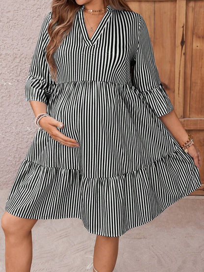 Maternity Striped Smock Dress - Notched Neck, Flounce Sleeve, High Waist, Navy Blue