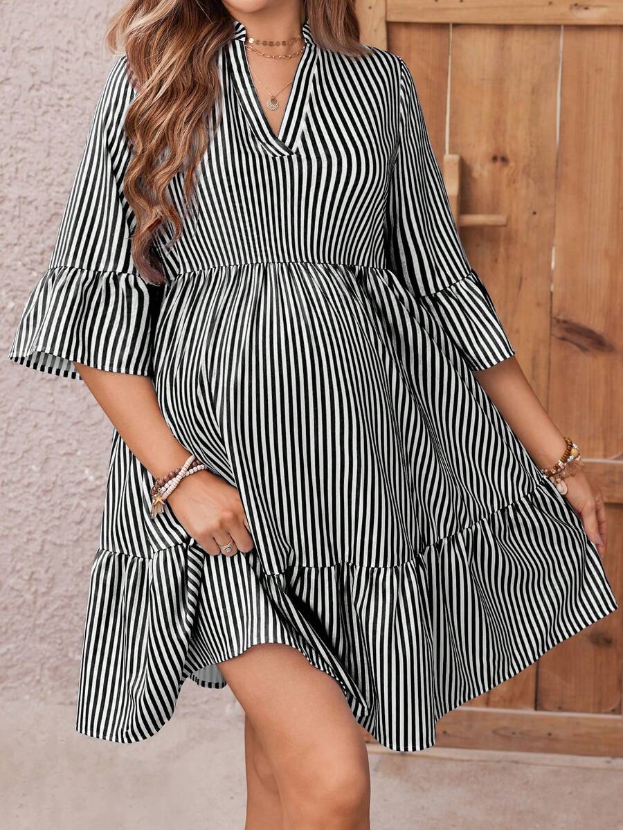 Maternity Striped Smock Dress - Notched Neck, Flounce Sleeve, High Waist, Navy Blue