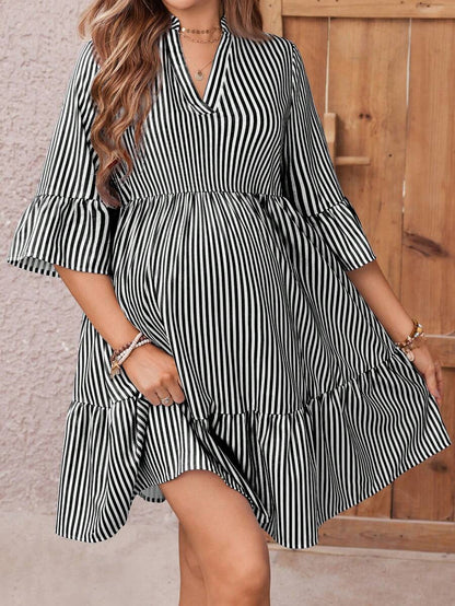 Maternity Striped Smock Dress - Notched Neck, Flounce Sleeve, High Waist, Navy Blue