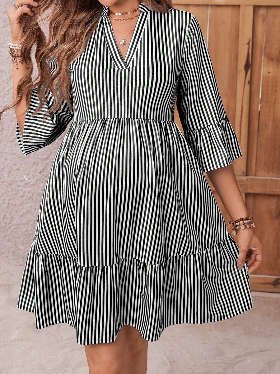 Maternity Striped Smock Dress - Notched Neck, Flounce Sleeve, High Waist, Navy Blue
