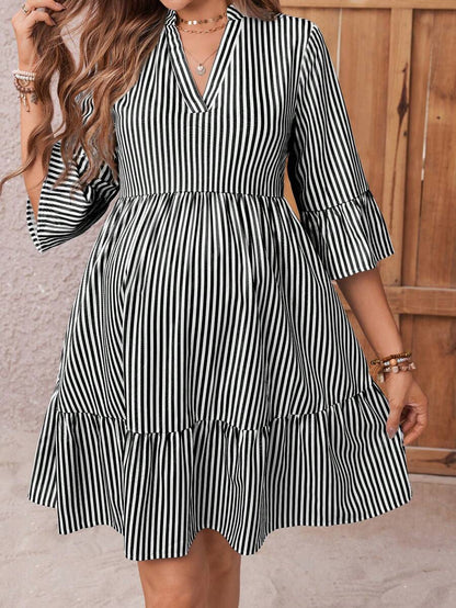 Maternity Striped Smock Dress - Notched Neck, Flounce Sleeve, High Waist, Navy Blue