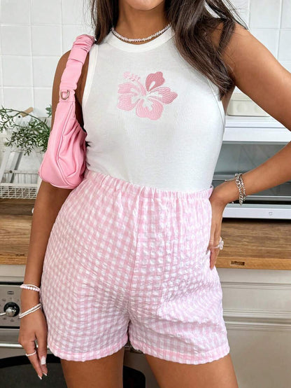White Floral Embroidery Maternity Tank Top and Plaid Shorts 2-Piece Set - Slim Fit Summer Beach Vacation Outfit Cotton Blend