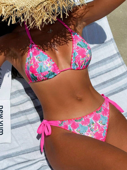 Swim Vcay Women's Tropical Plant Print Halter Neck Tie Sexy Bikini Set For Summer Beach, Random Print