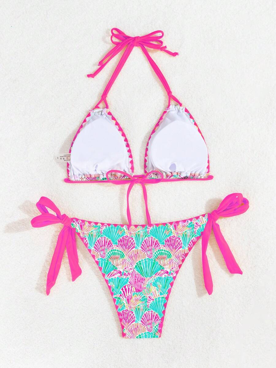 Swim Vcay Women's Fashion Summer Vacation Shell Print Halter Bikini Set