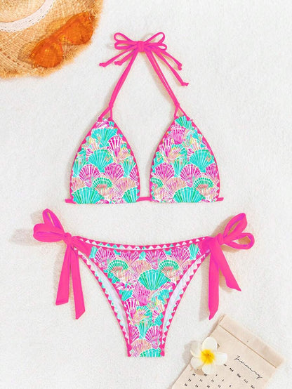 Swim Vcay Women's Tropical Plant Print Halter Neck Tie Sexy Bikini Set For Summer Beach, Random Print
