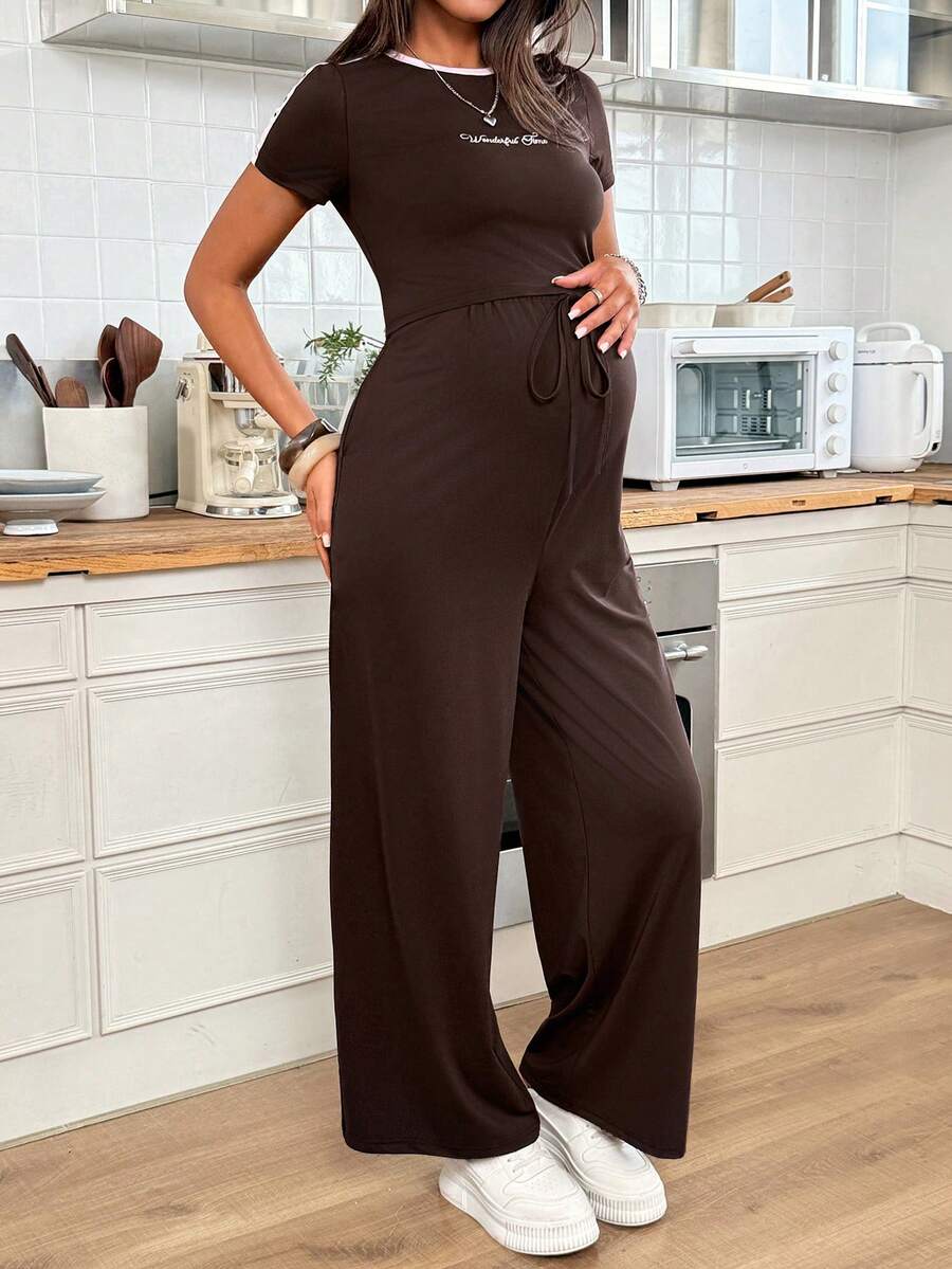 Brown Maternity Two Piece Set - Letter Embroidery Short Sleeve T-Shirt and Drawstring Pants - High Elastic Casual Summer Pregnancy Outfit