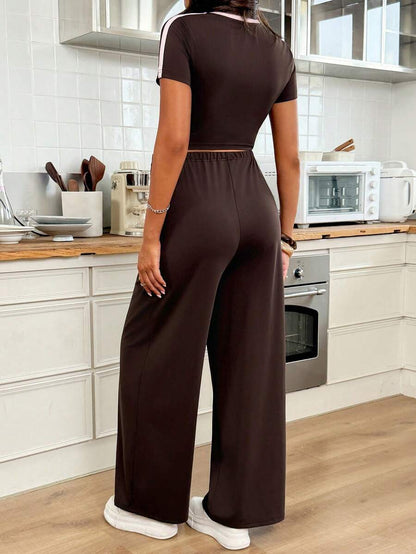 Brown Maternity Two Piece Set - Letter Embroidery Short Sleeve T-Shirt and Drawstring Pants - High Elastic Casual Summer Pregnancy Outfit