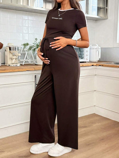 Brown Maternity Two Piece Set - Letter Embroidery Short Sleeve T-Shirt and Drawstring Pants - High Elastic Casual Summer Pregnancy Outfit