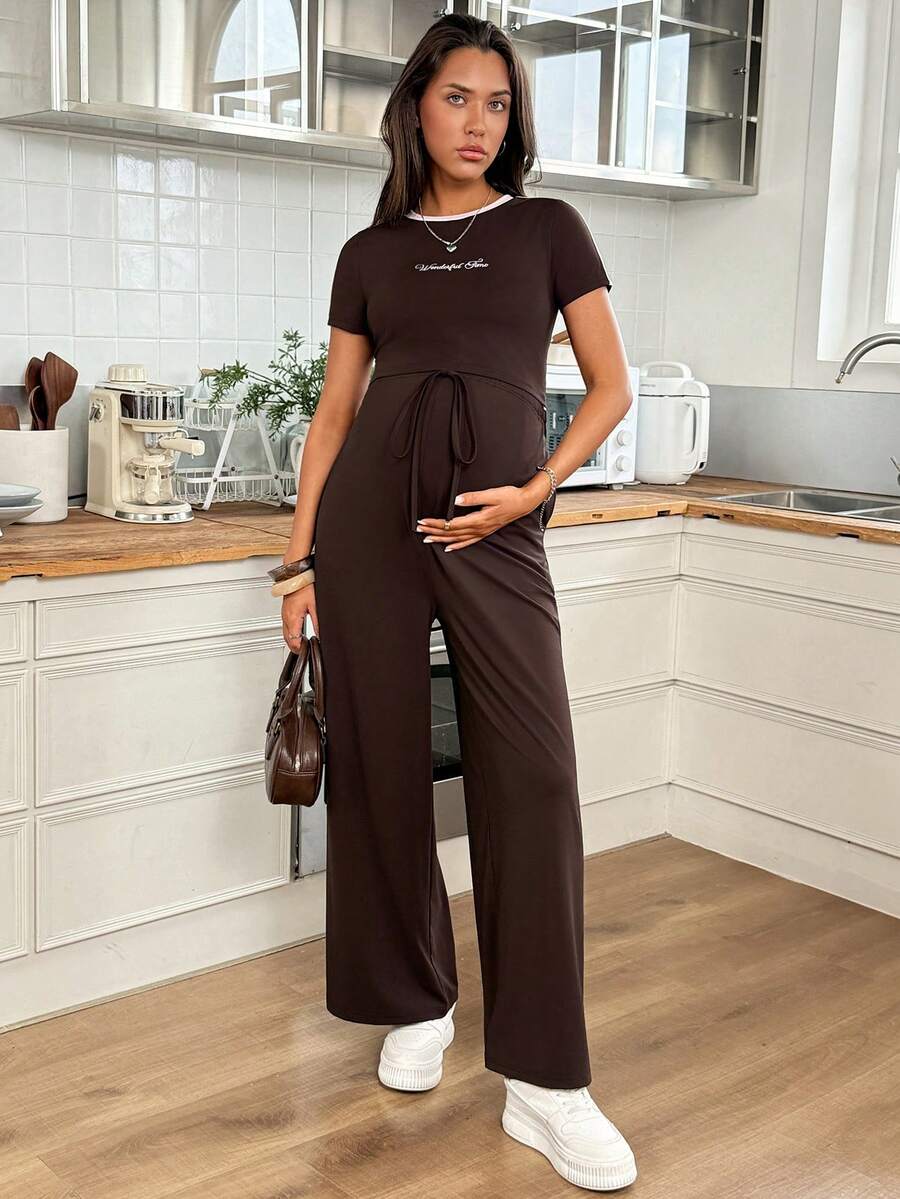 Brown Maternity Two Piece Set - Letter Embroidery Short Sleeve T-Shirt and Drawstring Pants - High Elastic Casual Summer Pregnancy Outfit