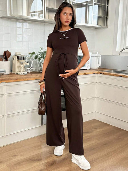 Brown Maternity Two Piece Set - Letter Embroidery Short Sleeve T-Shirt and Drawstring Pants - High Elastic Casual Summer Pregnancy Outfit