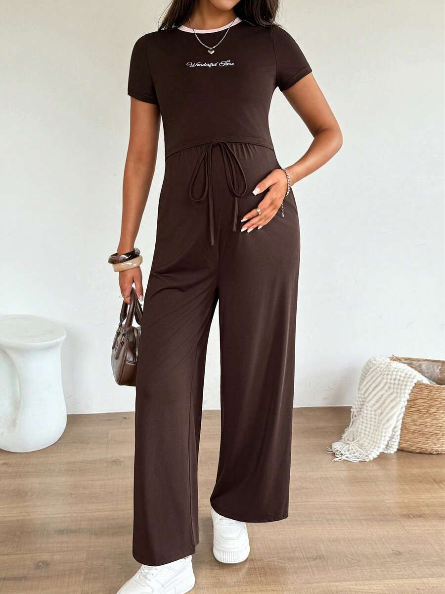 Brown Maternity Two Piece Set - Letter Embroidery Short Sleeve T-Shirt and Drawstring Pants - High Elastic Casual Summer Pregnancy Outfit