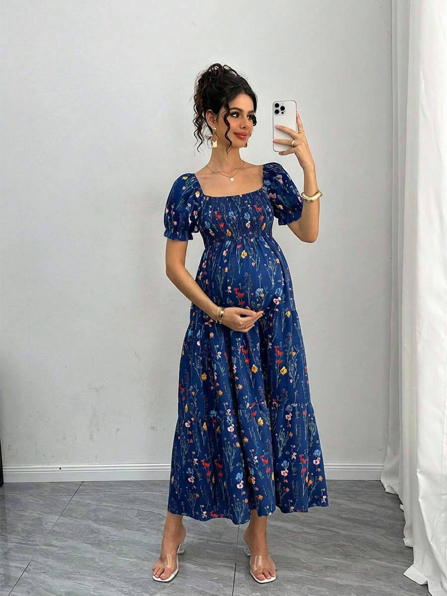 Maternity Floral A-Line Midi Dress - Square Neck, Puff Half Sleeve, Shirred, Drawstring Waist, Apricot
