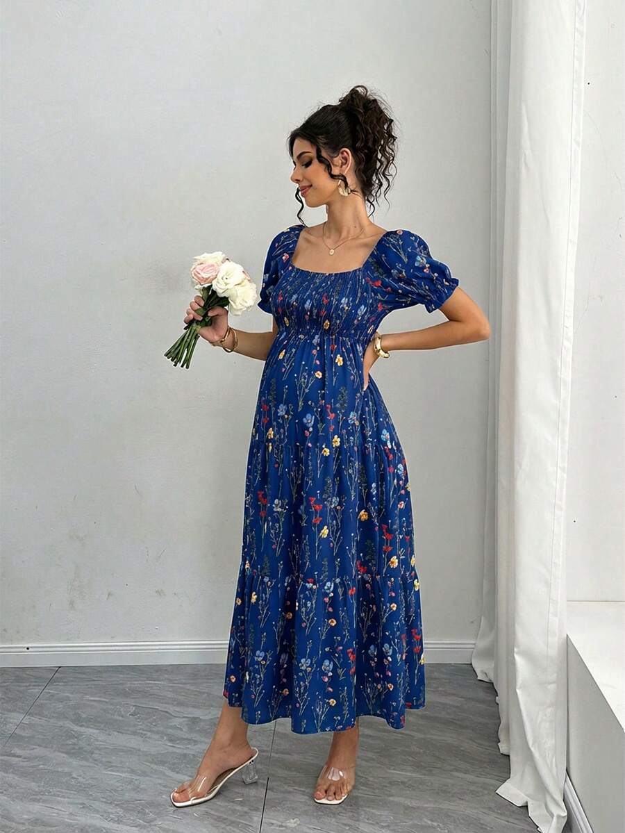 Maternity Floral A-Line Midi Dress - Square Neck, Puff Half Sleeve, Shirred, Drawstring Waist, Apricot