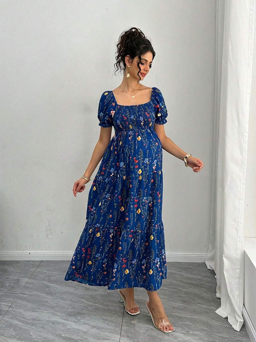 Maternity Floral A-Line Midi Dress - Square Neck, Puff Half Sleeve, Shirred, Drawstring Waist, Apricot
