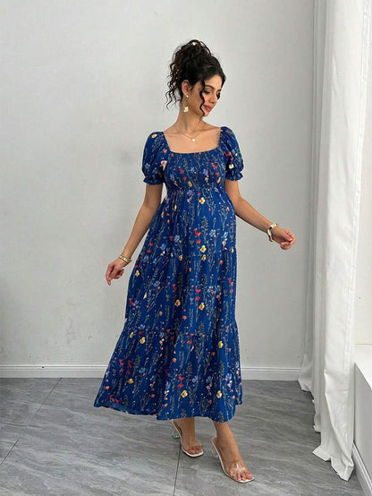 Maternity Floral A-Line Midi Dress - Square Neck, Puff Half Sleeve, Shirred, Drawstring Waist, Apricot