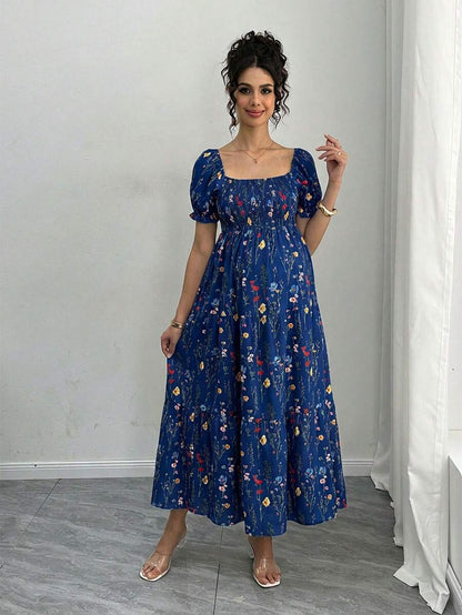Maternity Floral A-Line Midi Dress - Square Neck, Puff Half Sleeve, Shirred, Slim Fit, Royal Blue