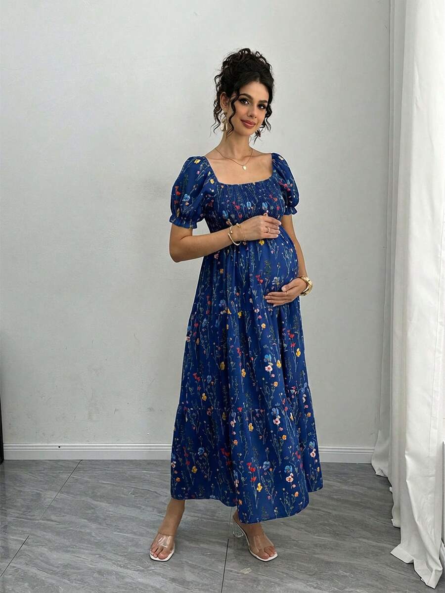 Maternity Floral A-Line Midi Dress - Square Neck, Puff Half Sleeve, Shirred, Slim Fit, Royal Blue