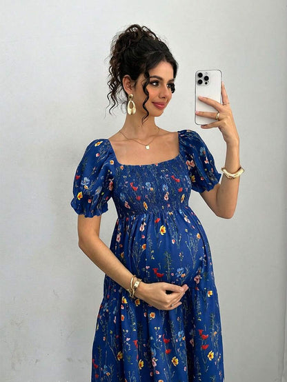 Maternity Floral A-Line Midi Dress - Square Neck, Puff Half Sleeve, Shirred, Slim Fit, Royal Blue