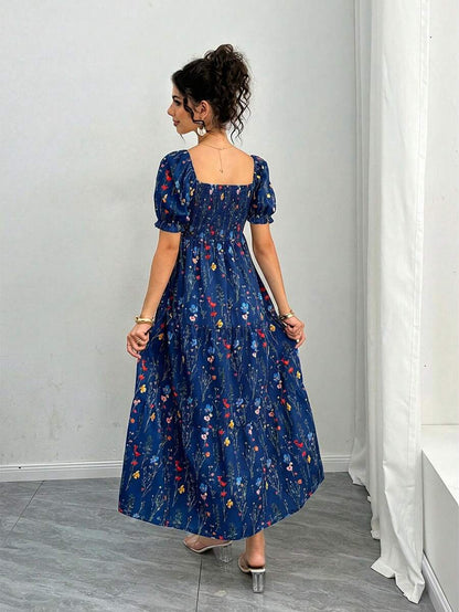 Maternity Floral A-Line Midi Dress - Square Neck, Puff Half Sleeve, Shirred, Drawstring Waist, Apricot