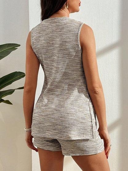 Maternity Tweed Plaid Knit Camisole and Shorts Set  Green Sleeveless Round Neck Slim Fit Two-Piece Beach Vacation Outfit