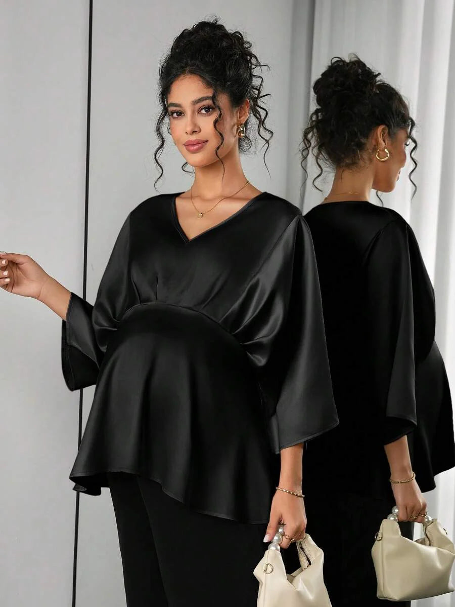 Maternity Elegant Blouse - V Neck, Batwing Three Quarter Sleeve, Asymmetric Hem, White