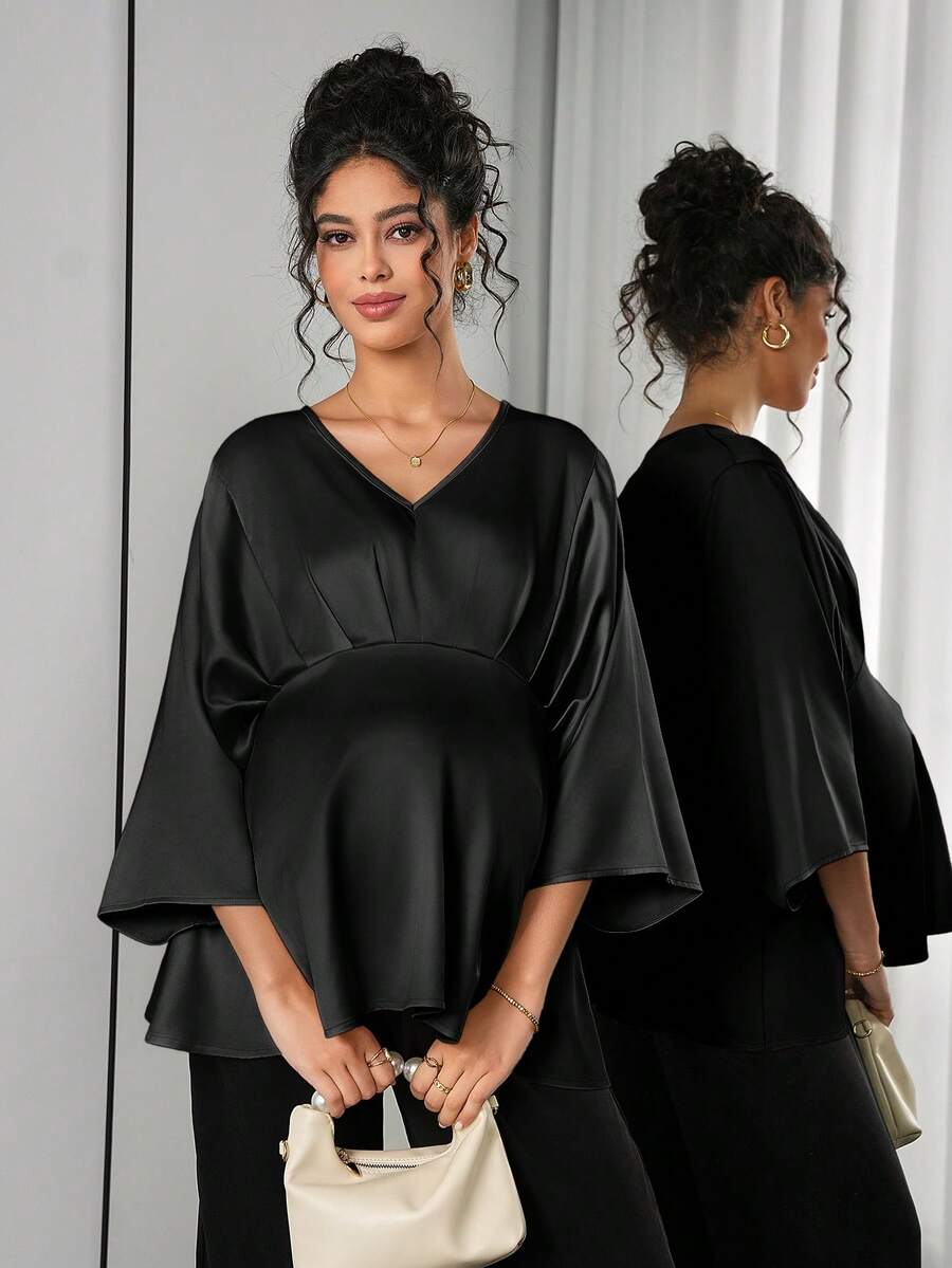 Maternity Elegant Blouse - V Neck, Batwing Three Quarter Sleeve, Asymmetric Hem, White