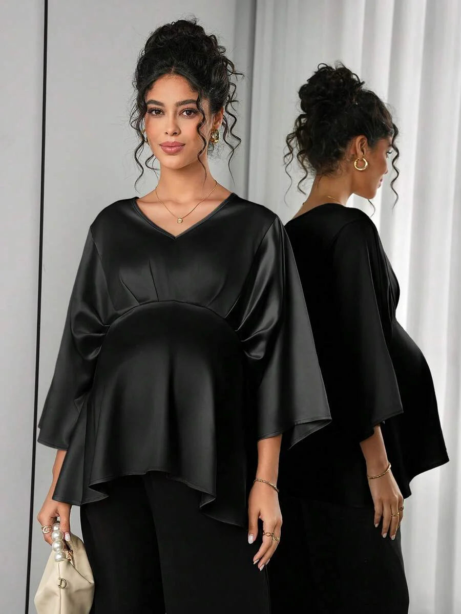 Maternity Elegant Blouse - V Neck, Batwing Three Quarter Sleeve, Asymmetric Hem, White