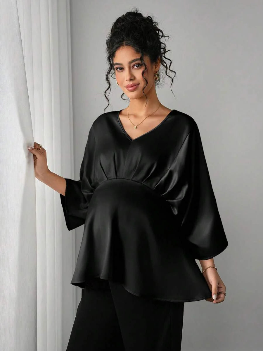 Maternity Elegant Blouse - V Neck, Batwing Three Quarter Sleeve, Asymmetric Hem, White