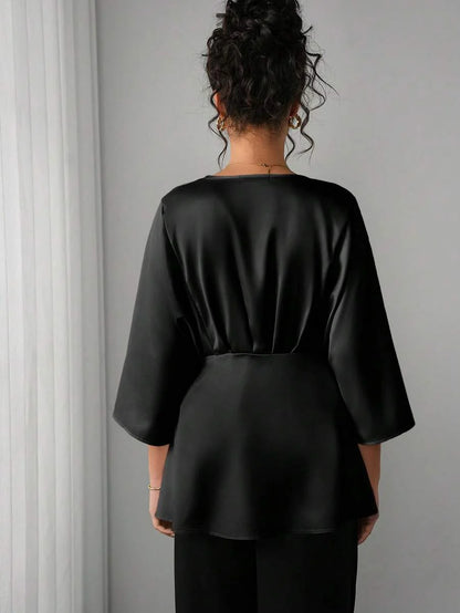 Maternity Elegant Blouse - V Neck, Batwing Three Quarter Sleeve, Asymmetric Hem, White