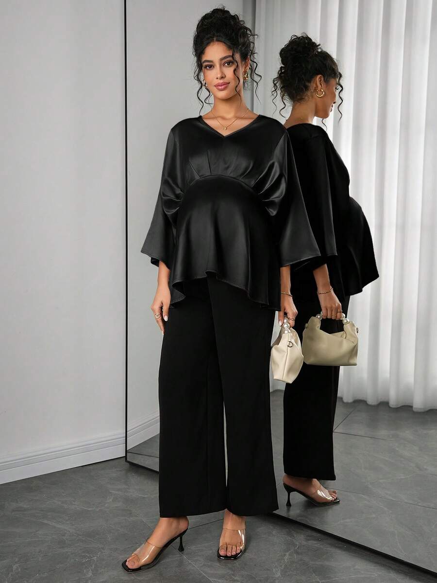 Maternity Elegant Blouse - V Neck, Batwing Three Quarter Sleeve, Asymmetric Hem, White