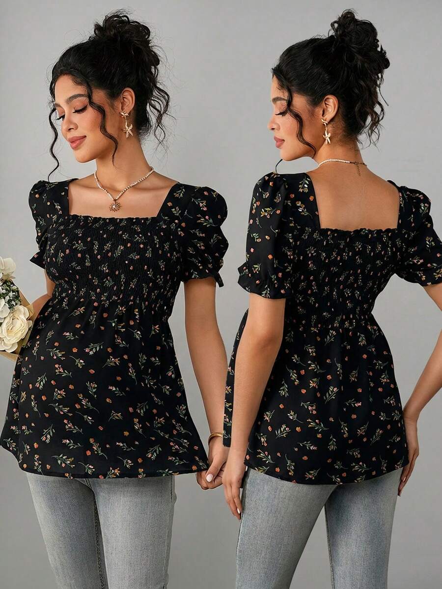 Maternity Ditsy Floral Peplum Blouse - Square Neck, Puff Sleeve, Slim Fit, Blue