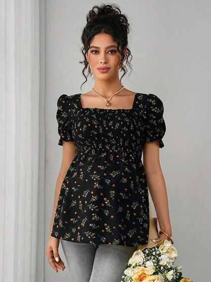 Maternity Ditsy Floral Peplum Blouse - Square Neck, Puff Sleeve, Slim Fit, Blue