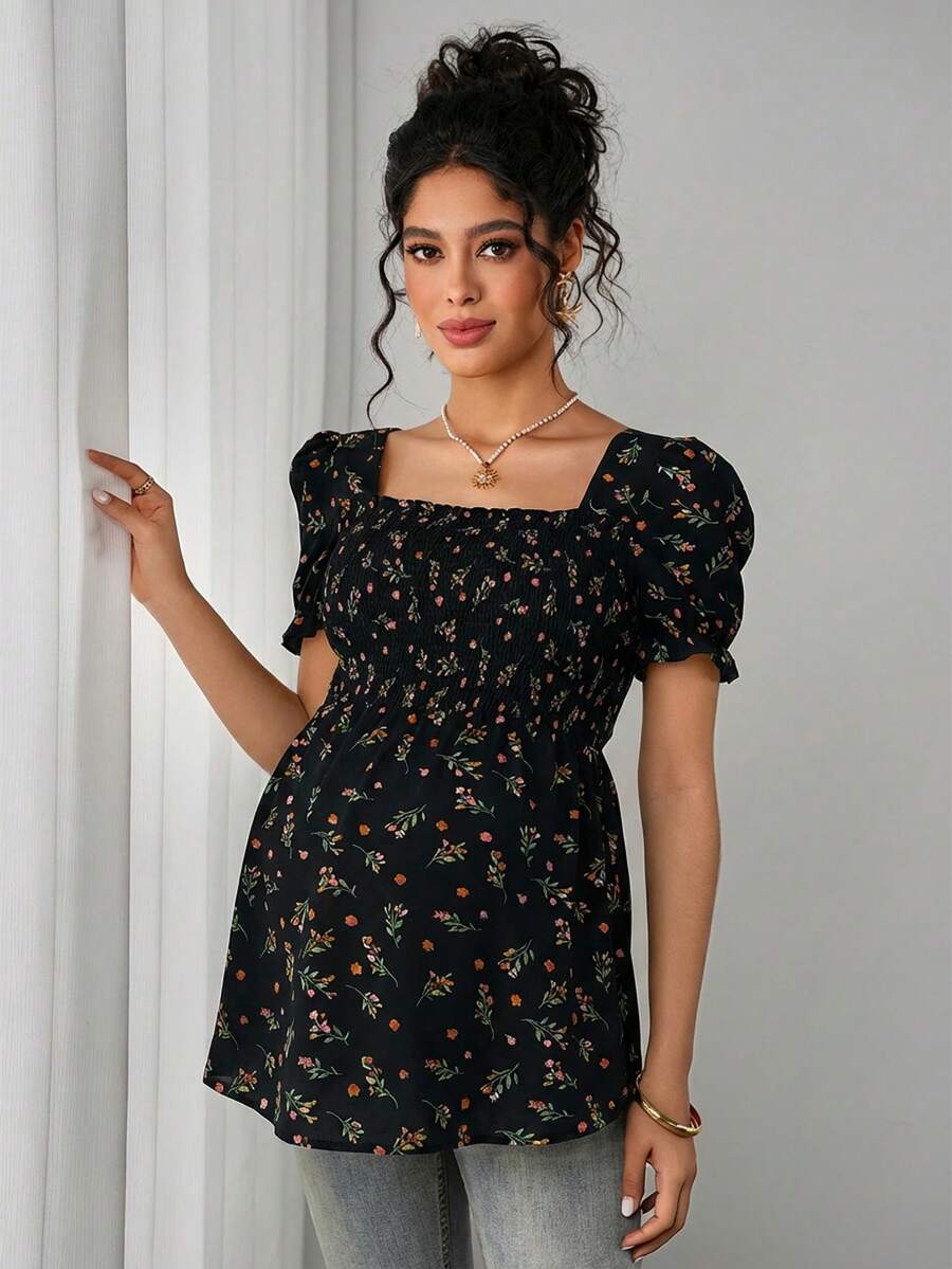 Maternity Ditsy Floral Peplum Blouse - Square Neck, Puff Sleeve, Slim Fit, Blue
