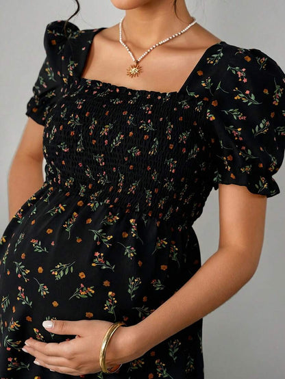 Maternity Ditsy Floral Peplum Blouse - Square Neck, Puff Sleeve, Slim Fit, Blue
