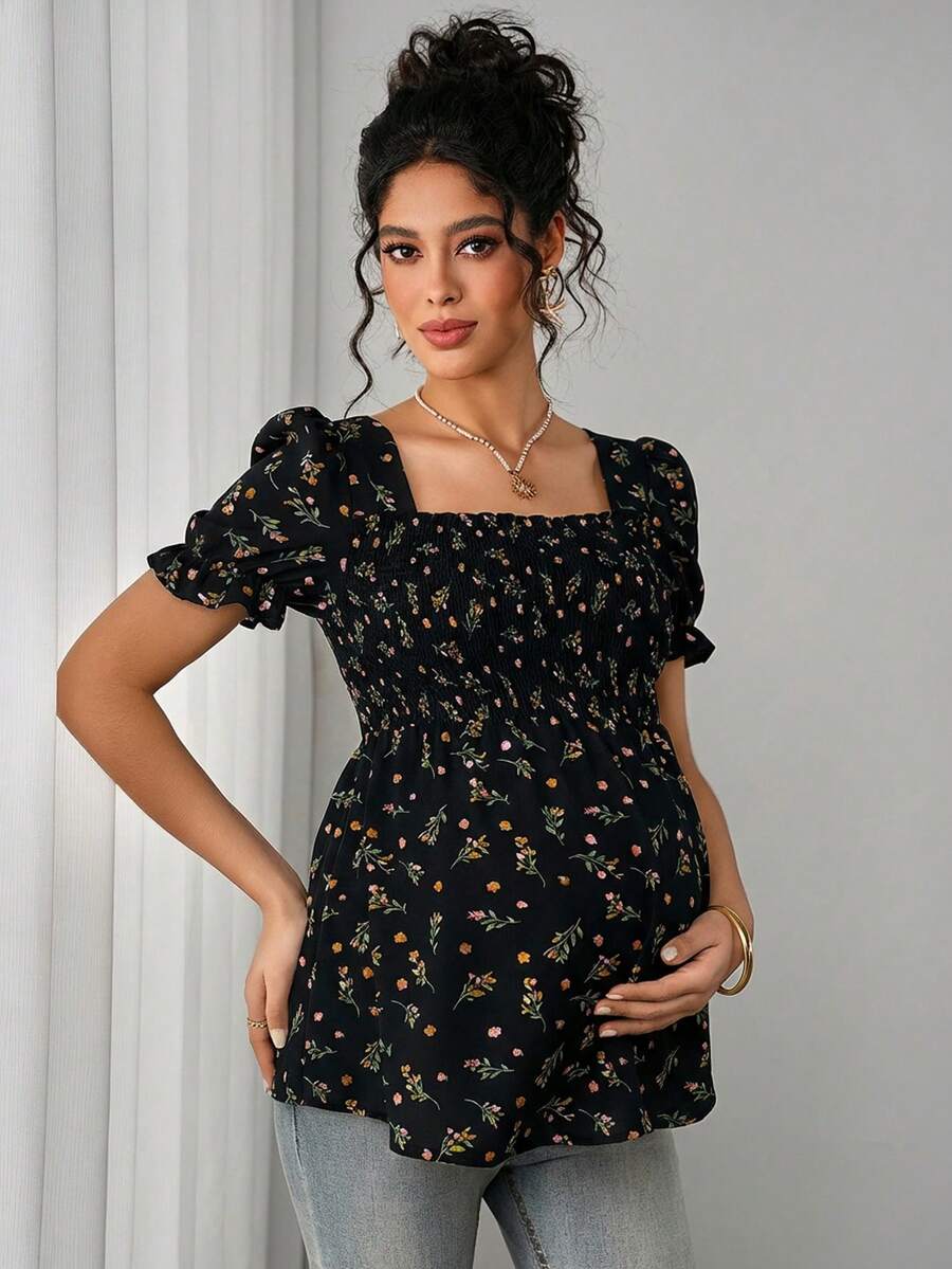 Maternity Ditsy Floral Peplum Blouse - Square Neck, Puff Sleeve, Slim Fit, Blue