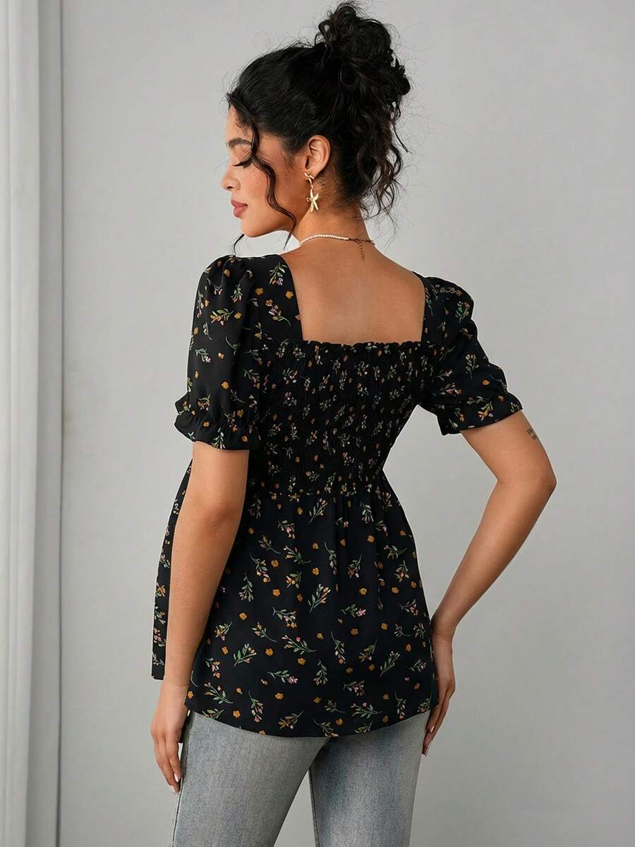Maternity Ditsy Floral Peplum Blouse - Square Neck, Puff Sleeve, Slim Fit, Blue